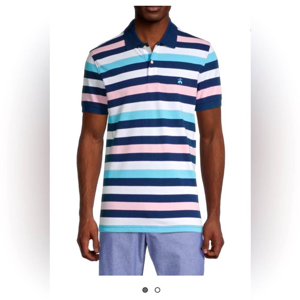 BROOKS BROTHERS MENS SLIM FIT STRIPED COTTON PERFORMANCE LOGO POLO SIZE LARGE
